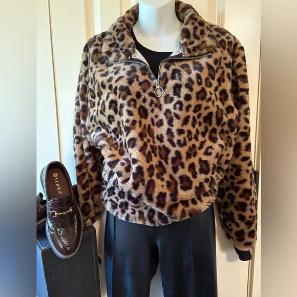 Cato Leopard Print Teddy Jacket in Brown and Black - Picture 1 of 5